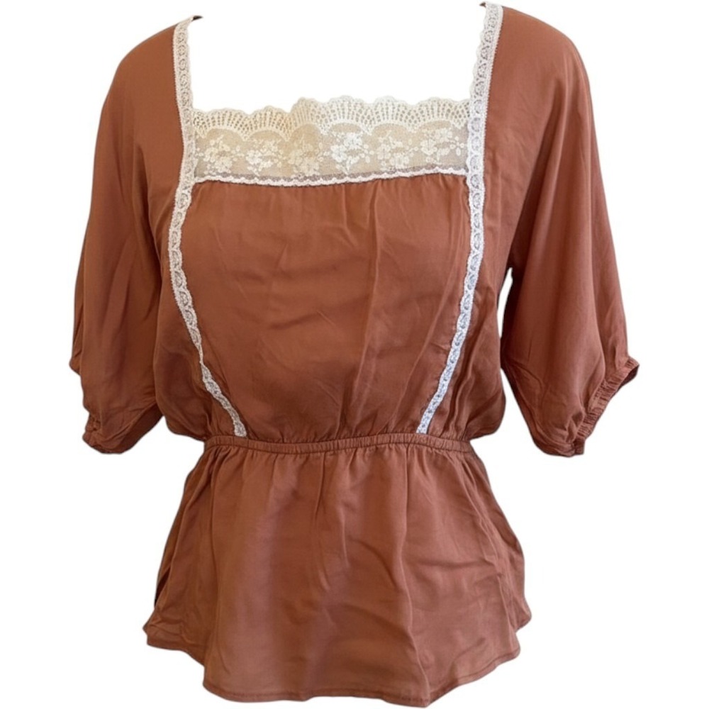 Love21 Rust Terracotta Lace Trim Peasant Blouse Square Neck Boho Top Small NWT